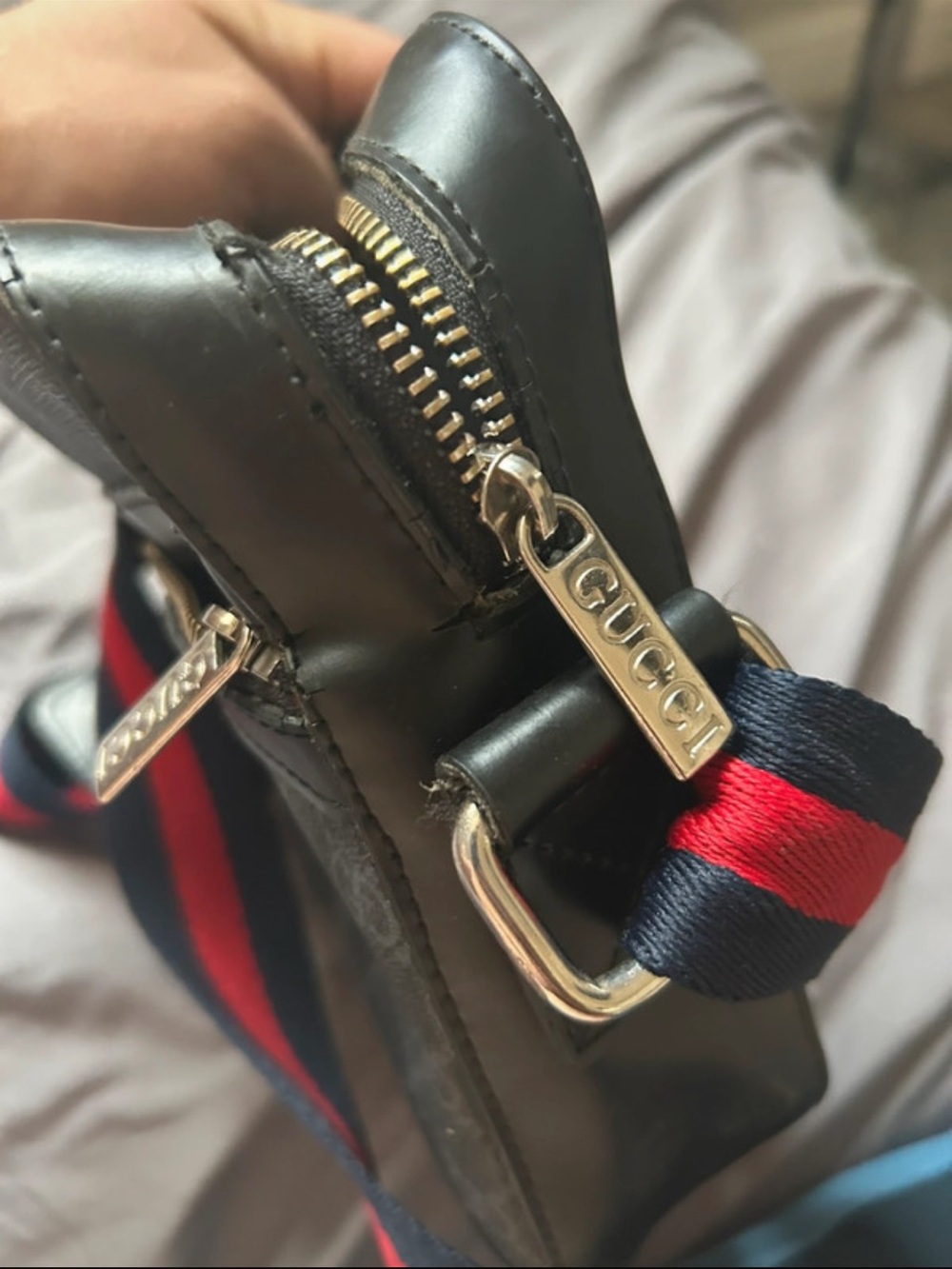 Gucci Black/Gray Monogram Messenger with Red & Navy Web Strap - Picture 5 of 5